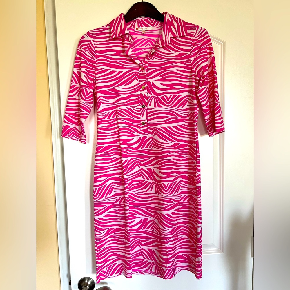 Jude Connally 
Pink and White Zebra Print Dress